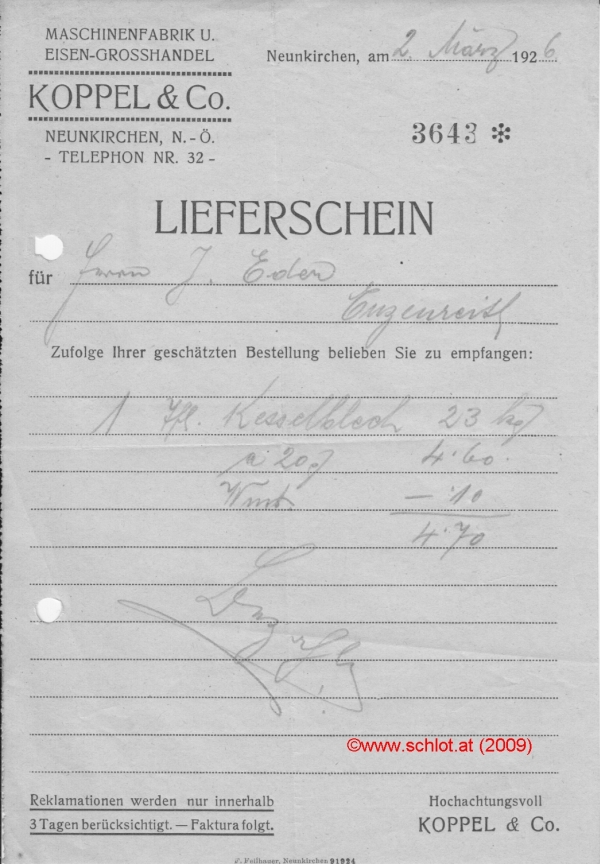 Lieferschein Koppel&Co, 26.03.1926