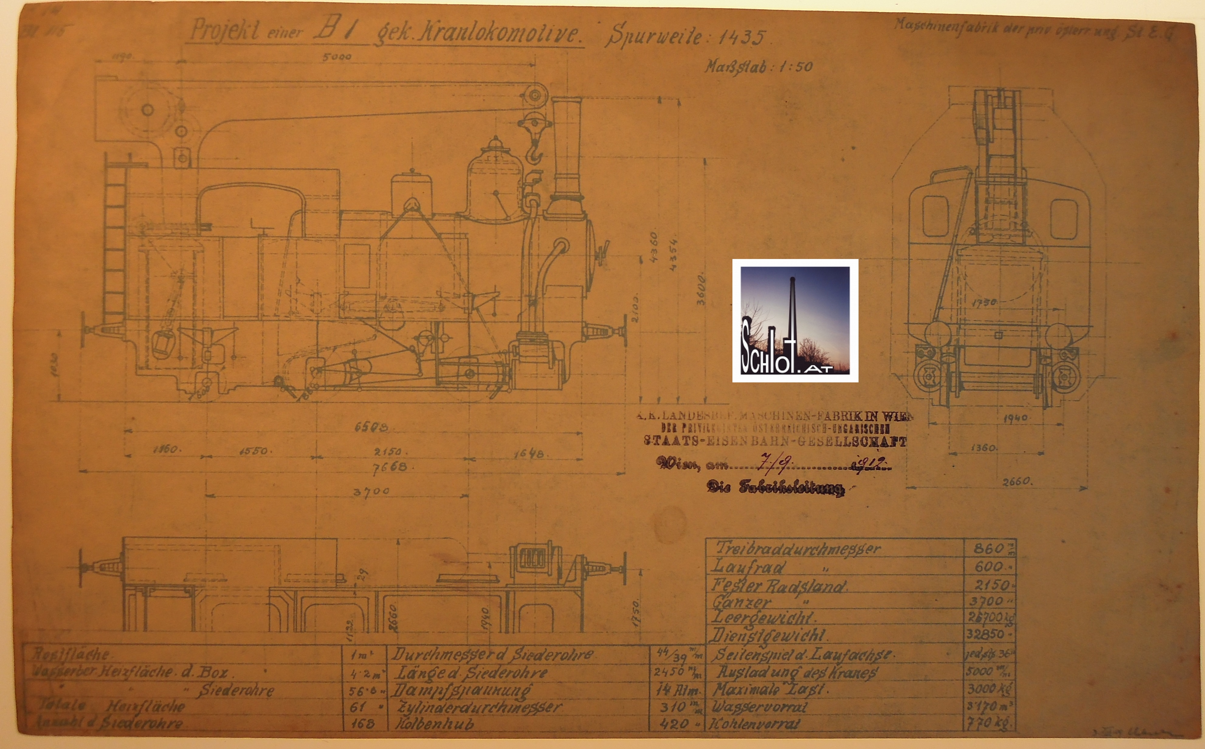 07.09.1912: Projekt einer B1 - gek. Kranlokomotive Spurweite 1435 mm