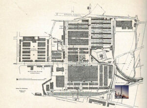 Lageplan des Zentralviehmakrtes in der Situation um 1910. In: Technischer Führer durch Wien, herausgegeben vom österreichischen Ingenieur- und Architektenverein, redigiert von Ing. Dr. Martin Paul, Stadtbauinspektor, Verlag von Gerlach & Wiedling, Wien 1910, S. 236Quelle: Privatarchiv cccschlot